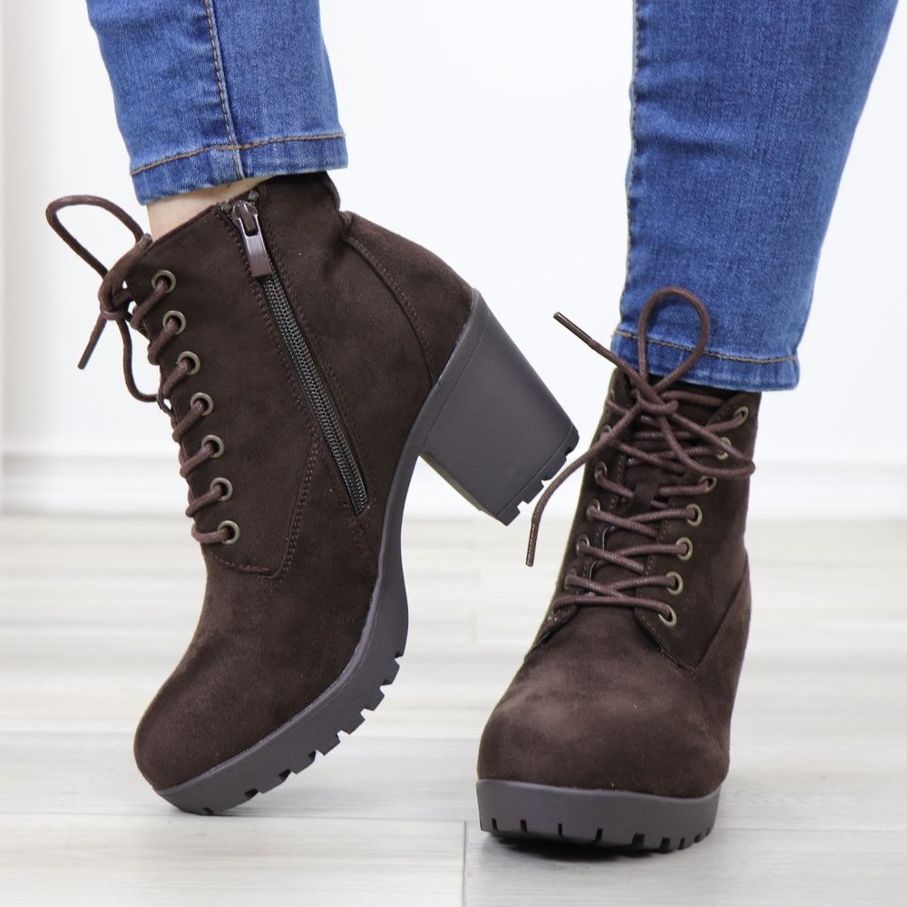 Brown Faux Suede Lace-Up Lug Chunky Block High Heel Ankle Boots - Picture 11 of 12